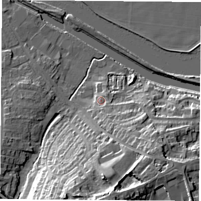 Shaded relief map of the ground around WF118JX, computed from Environment Agency LiDAR. The ground here sits at about 14 m above sea level and falls 25 m across the surrounding 800 m. Surface water reaching this point runs off ground lying to the south-east, 14.7 m higher.