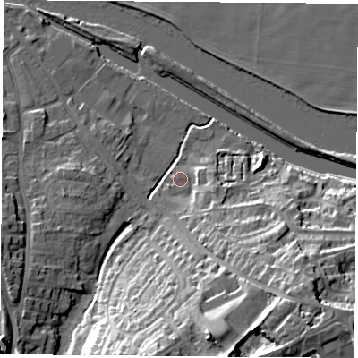 Shaded relief map of the ground around WF118JY, computed from Environment Agency LiDAR. The ground here sits at about 11 m above sea level and falls 23 m across the surrounding 800 m. Surface water reaching this point runs off ground lying to the south-east, 16.6 m higher.