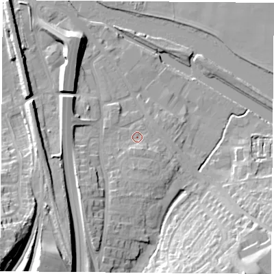 Shaded relief map of the ground around WF118LU, computed from Environment Agency LiDAR. The ground here sits at about 12 m above sea level and falls 26 m across the surrounding 800 m. Surface water reaching this point runs off ground lying to the south, 2.0 m higher.
