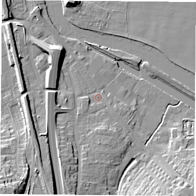 Shaded relief map of the ground around WF118LX, computed from Environment Agency LiDAR. The ground here sits at about 11 m above sea level and falls 25 m across the surrounding 800 m. Surface water reaching this point runs off ground lying to the south-south-west, 11.4 m higher.