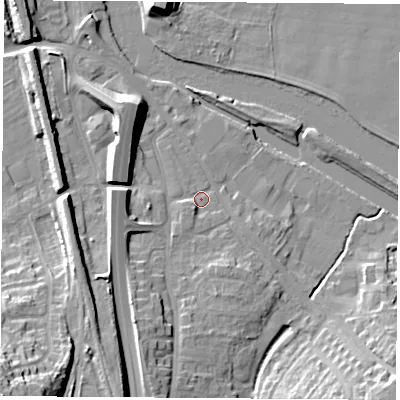 Shaded relief map of the ground around WF118LZ, computed from Environment Agency LiDAR. The ground here sits at about 11 m above sea level and falls 27 m across the surrounding 800 m. Surface water reaching this point runs off ground lying to the south-south-west, 11.3 m higher.