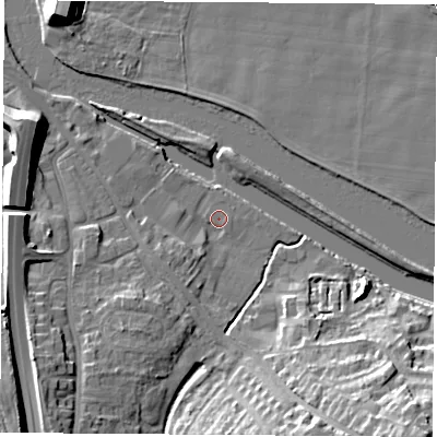 Shaded relief map of the ground around WF118NA, computed from Environment Agency LiDAR. The ground here sits at about 10 m above sea level and falls 21 m across the surrounding 800 m. Surface water reaching this point runs off ground lying to the south-west, 12.5 m higher.