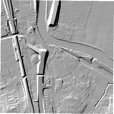 Shaded relief map of the ground around WF118NB, computed from Environment Agency LiDAR. The ground here sits at about 11 m above sea level and falls 13 m across the surrounding 800 m. Surface water reaching this point runs off ground lying to the south-west, 11.3 m higher.