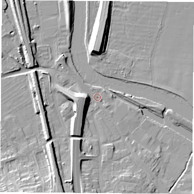 Shaded relief map of the ground around WF118ND, computed from Environment Agency LiDAR. The ground here sits at about 11 m above sea level and falls 12 m across the surrounding 800 m. Surface water reaching this point runs off ground lying to the west, 9.8 m higher.