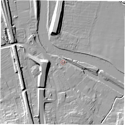 Shaded relief map of the ground around WF118NE, computed from Environment Agency LiDAR. The ground here sits at about 11 m above sea level and falls 13 m across the surrounding 800 m. Surface water reaching this point runs off ground lying to the west, 9.8 m higher.