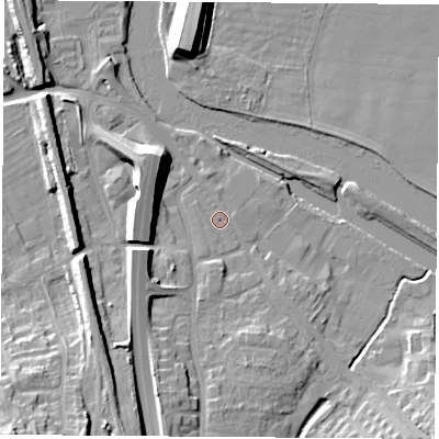 Shaded relief map of the ground around WF118NF, computed from Environment Agency LiDAR. The ground here sits at about 11 m above sea level and falls 20 m across the surrounding 800 m. Surface water reaching this point runs off ground lying to the south-west, 18.2 m higher.