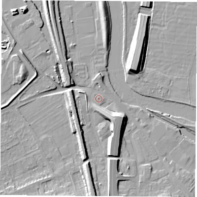 Shaded relief map of the ground around WF118NG, computed from Environment Agency LiDAR. The ground here sits at about 11 m above sea level and falls 12 m across the surrounding 800 m. Surface water reaching this point runs off ground lying to the south-east, 9.5 m higher.