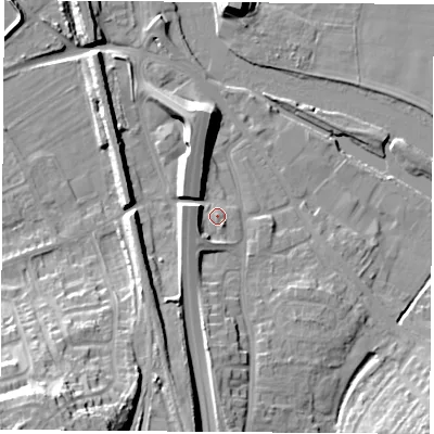 Shaded relief map of the ground around WF118NJ, computed from Environment Agency LiDAR. The ground here sits at about 12 m above sea level and falls 27 m across the surrounding 800 m. Surface water reaching this point runs off ground lying to the west-north-west, 4.5 m higher.