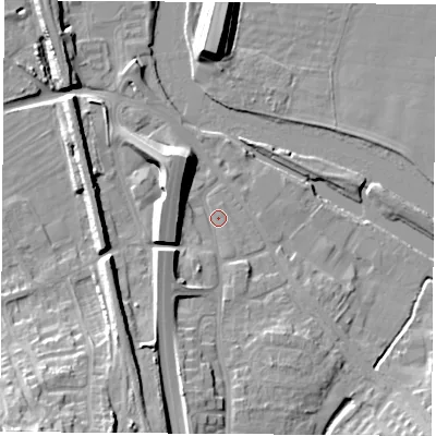 Shaded relief map of the ground around WF118NQ, computed from Environment Agency LiDAR. The ground here sits at about 11 m above sea level and falls 20 m across the surrounding 800 m. Surface water reaching this point runs off ground lying to the south-west, 17.6 m higher.