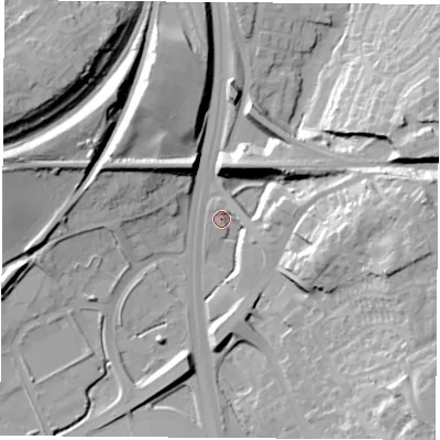 Shaded relief map of the ground around WF118PF, computed from Environment Agency LiDAR. The ground here sits at about 14 m above sea level and falls 29 m across the surrounding 800 m. Surface water reaching this point runs off ground lying to the north-north-west, 18.4 m higher.