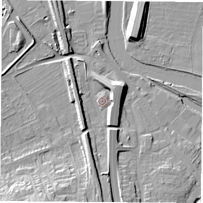 Shaded relief map of the ground around WF118PG, computed from Environment Agency LiDAR. The ground here sits at about 12 m above sea level and falls 15 m across the surrounding 800 m. Surface water reaching this point runs off ground lying to the south-west, 5.9 m higher.