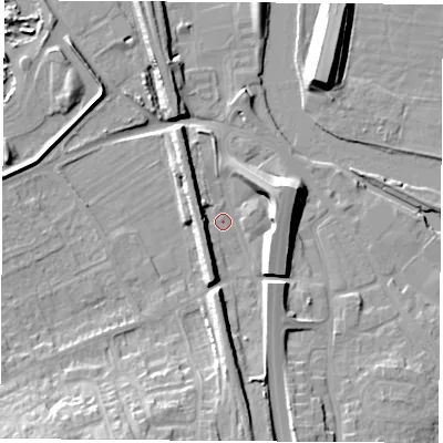 Shaded relief map of the ground around WF118PH, computed from Environment Agency LiDAR. The ground here sits at about 12 m above sea level and falls 15 m across the surrounding 800 m. Surface water reaching this point runs off ground lying to the south-south-west, 5.9 m higher.