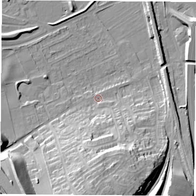 Shaded relief map of the ground around WF118PN, computed from Environment Agency LiDAR. The ground here sits at about 13 m above sea level and falls 31 m across the surrounding 800 m. Surface water reaching this point runs off ground lying to the south-west, 28.5 m higher.