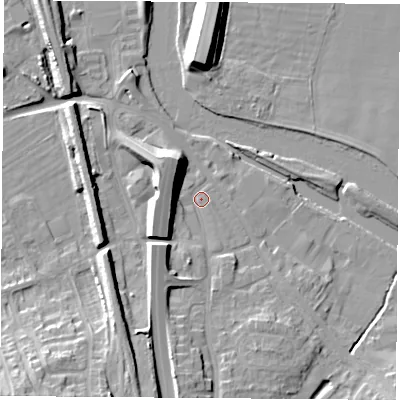 Shaded relief map of the ground around WF118PQ, computed from Environment Agency LiDAR. The ground here sits at about 11 m above sea level and falls 18 m across the surrounding 800 m. Surface water reaching this point runs off ground lying to the south-west, 15.5 m higher.
