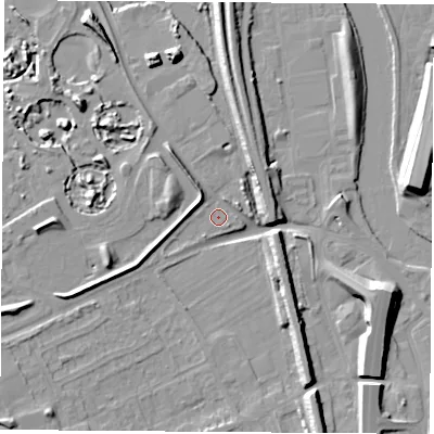 Shaded relief map of the ground around WF118RB, computed from Environment Agency LiDAR. The ground here sits at about 12 m above sea level and falls 11 m across the surrounding 800 m. Surface water reaching this point runs off ground lying to the west-north-west, 3.8 m higher.