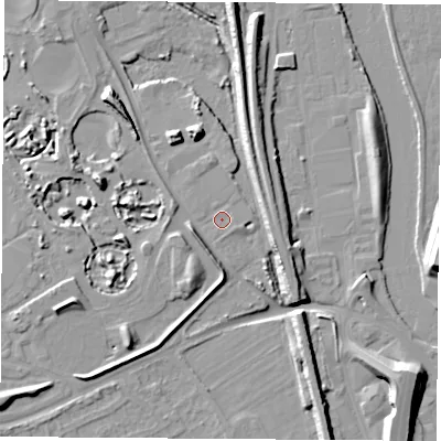 Shaded relief map of the ground around WF118RD, computed from Environment Agency LiDAR. The ground here sits at about 12 m above sea level and falls 11 m across the surrounding 800 m. Surface water reaching this point runs off ground lying to the north, 1.2 m higher.