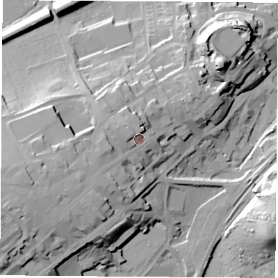 Shaded relief map of the ground around WF118SQ, computed from Environment Agency LiDAR. The ground here sits at about 55 m above sea level and falls 38 m across the surrounding 800 m. Surface water reaching this point runs off ground lying to the west-south-west, 15.1 m higher.