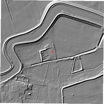 Shaded relief map of the ground around WF118TH, computed from Environment Agency LiDAR. The ground here sits at about 6 m above sea level and falls 7 m across the surrounding 800 m. Surface water reaching this point runs off ground lying to the north-north-east, 1.3 m higher.