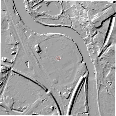 Shaded relief map of the ground around WF118UL, computed from Environment Agency LiDAR. The ground here sits at about 12 m above sea level and falls 21 m across the surrounding 800 m. The ground contributing surface water to this point lies to the north-east.