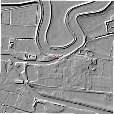 Shaded relief map of the ground around WF119AA, computed from Environment Agency LiDAR. The ground here sits at about 10 m above sea level and falls 10 m across the surrounding 800 m. Surface water reaching this point runs off ground lying to the south-west, 3.0 m higher.