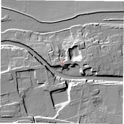 Shaded relief map of the ground around WF119AQ, computed from Environment Agency LiDAR. The ground here sits at about 16 m above sea level and falls 17 m across the surrounding 800 m. Surface water reaching this point runs off ground lying to the west-south-west, 2.5 m higher.