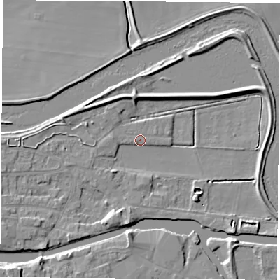 Shaded relief map of the ground around WF119AR, computed from Environment Agency LiDAR. The ground here sits at about 9 m above sea level and falls 9 m across the surrounding 800 m. Surface water reaching this point runs off ground lying to the south-west, 6.3 m higher.