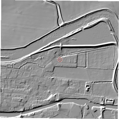 Shaded relief map of the ground around WF119AS, computed from Environment Agency LiDAR. The ground here sits at about 8 m above sea level and falls 7 m across the surrounding 800 m. Surface water reaching this point runs off ground lying to the south-west, 6.4 m higher.