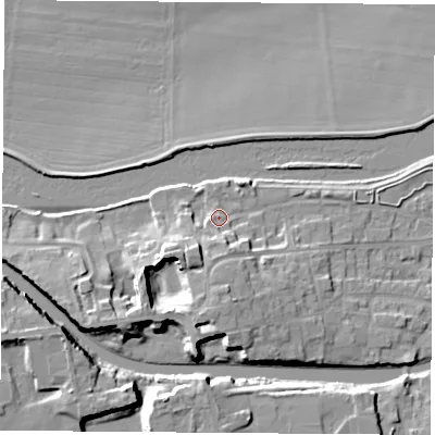 Shaded relief map of the ground around WF119AT, computed from Environment Agency LiDAR. The ground here sits at about 11 m above sea level and falls 12 m across the surrounding 800 m. Surface water reaching this point runs off ground lying to the south, 5.3 m higher.