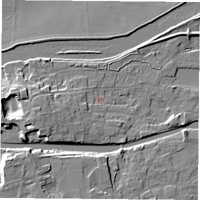 Shaded relief map of the ground around WF119AX, computed from Environment Agency LiDAR. The ground here sits at about 10 m above sea level and falls 12 m across the surrounding 800 m. Surface water reaching this point runs off ground lying to the west, 7.2 m higher.
