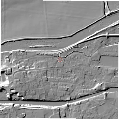 Shaded relief map of the ground around WF119AY, computed from Environment Agency LiDAR. The ground here sits at about 10 m above sea level and falls 13 m across the surrounding 800 m. Surface water reaching this point runs off ground lying to the west-south-west, 6.0 m higher.