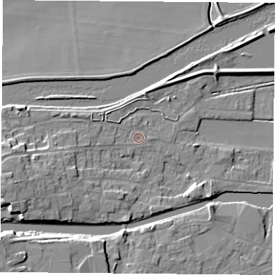 Shaded relief map of the ground around WF119AZ, computed from Environment Agency LiDAR. The ground here sits at about 9 m above sea level and falls 11 m across the surrounding 800 m. Surface water reaching this point runs off ground lying to the west, 5.7 m higher.