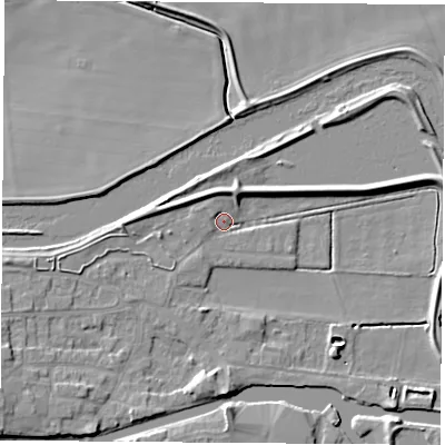 Shaded relief map of the ground around WF119BJ, computed from Environment Agency LiDAR. The ground here sits at about 8 m above sea level and falls 8 m across the surrounding 800 m. Surface water reaching this point runs off ground lying to the north-west, 2.2 m higher.