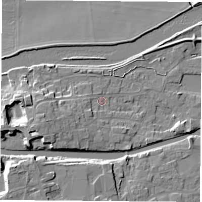 Shaded relief map of the ground around WF119BL, computed from Environment Agency LiDAR. The ground here sits at about 10 m above sea level and falls 12 m across the surrounding 800 m. Surface water reaching this point runs off ground lying to the west-south-west, 7.0 m higher.