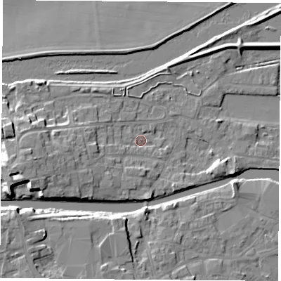 Shaded relief map of the ground around WF119BN, computed from Environment Agency LiDAR. The ground here sits at about 9 m above sea level and falls 11 m across the surrounding 800 m. Surface water reaching this point runs off ground lying to the west-south-west, 9.3 m higher.
