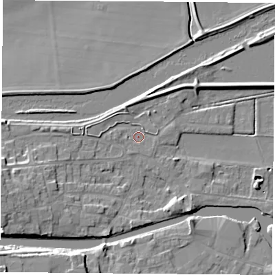 Shaded relief map of the ground around WF119BQ, computed from Environment Agency LiDAR. The ground here sits at about 9 m above sea level and falls 11 m across the surrounding 800 m. Surface water reaching this point runs off ground lying to the west-south-west, 5.4 m higher.