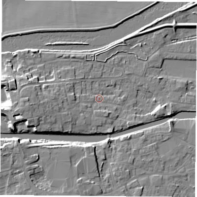 Shaded relief map of the ground around WF119BS, computed from Environment Agency LiDAR. The ground here sits at about 10 m above sea level and falls 11 m across the surrounding 800 m. Surface water reaching this point runs off ground lying to the west-south-west, 9.3 m higher.