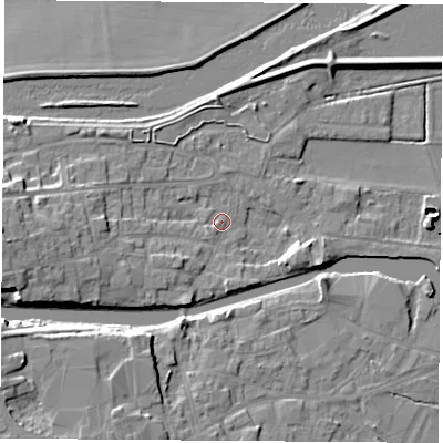 Shaded relief map of the ground around WF119BY, computed from Environment Agency LiDAR. The ground here sits at about 9 m above sea level and falls 10 m across the surrounding 800 m. Surface water reaching this point runs off ground lying to the west, 8.3 m higher.