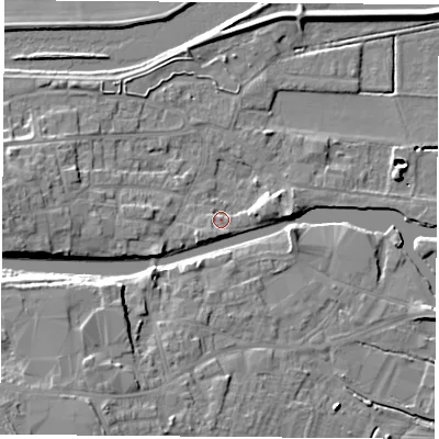 Shaded relief map of the ground around WF119DA, computed from Environment Agency LiDAR. The ground here sits at about 10 m above sea level and falls 11 m across the surrounding 800 m. Surface water reaching this point runs off ground lying to the east-north-east, 3.7 m higher.