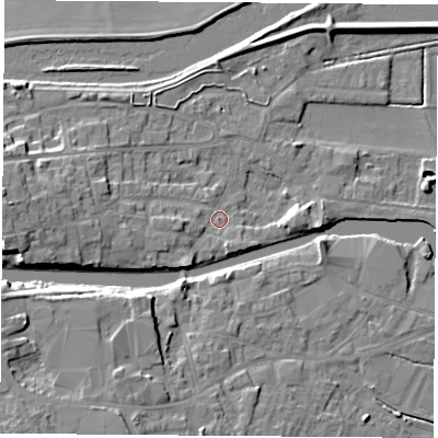 Shaded relief map of the ground around WF119DB, computed from Environment Agency LiDAR. The ground here sits at about 10 m above sea level and falls 11 m across the surrounding 800 m. Surface water reaching this point runs off ground lying to the west, 7.2 m higher.
