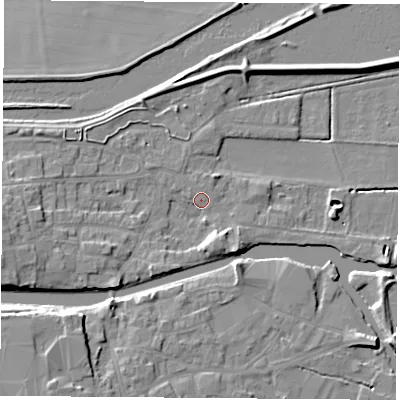 Shaded relief map of the ground around WF119DD, computed from Environment Agency LiDAR. The ground here sits at about 9 m above sea level and falls 9 m across the surrounding 800 m. Surface water reaching this point runs off ground lying to the west, 6.3 m higher.