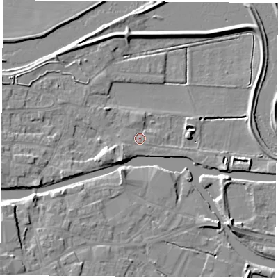 Shaded relief map of the ground around WF119DE, computed from Environment Agency LiDAR. The ground here sits at about 9 m above sea level and falls 9 m across the surrounding 800 m. Surface water reaching this point runs off ground lying to the south-west, 5.0 m higher.