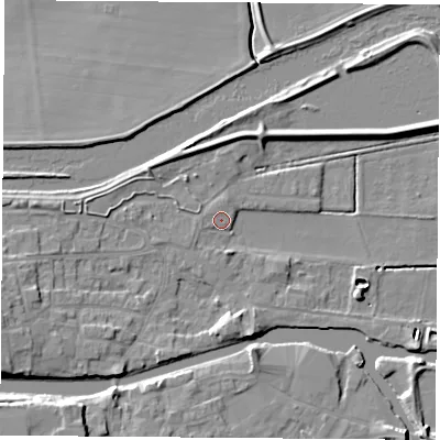 Shaded relief map of the ground around WF119DN, computed from Environment Agency LiDAR. The ground here sits at about 9 m above sea level and falls 9 m across the surrounding 800 m. Surface water reaching this point runs off ground lying to the south-west, 1.3 m higher.