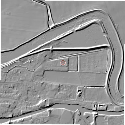Shaded relief map of the ground around WF119DQ, computed from Environment Agency LiDAR. The ground here sits at about 8 m above sea level and falls 7 m across the surrounding 800 m. Surface water reaching this point runs off ground lying to the west-south-west, 3.1 m higher.