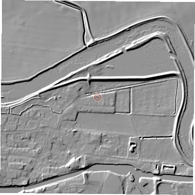 Shaded relief map of the ground around WF119DR, computed from Environment Agency LiDAR. The ground here sits at about 8 m above sea level and falls 7 m across the surrounding 800 m. Surface water reaching this point runs off ground lying to the west-south-west, 3.1 m higher.