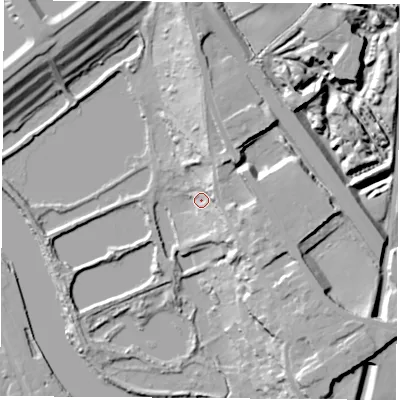 Shaded relief map of the ground around WF119EL, computed from Environment Agency LiDAR. The ground here sits at about 14 m above sea level and falls 22 m across the surrounding 800 m. Surface water reaching this point runs off ground lying to the north, 21.0 m higher.