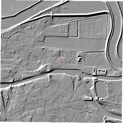 Shaded relief map of the ground around WF119ER, computed from Environment Agency LiDAR. The ground here sits at about 9 m above sea level and falls 8 m across the surrounding 800 m. Surface water reaching this point runs off ground lying to the west-south-west, 5.0 m higher.