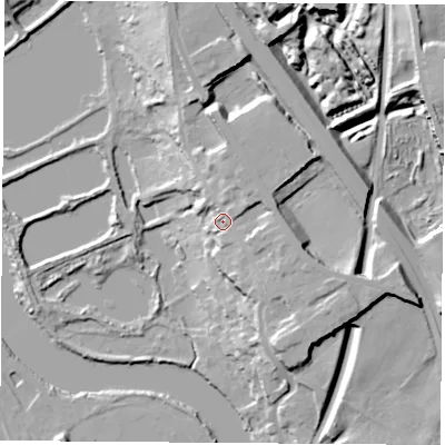 Shaded relief map of the ground around WF119EY, computed from Environment Agency LiDAR. The ground here sits at about 24 m above sea level and falls 21 m across the surrounding 800 m. Surface water reaching this point runs off ground lying to the east-south-east, 7.9 m higher.