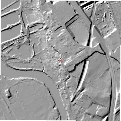 Shaded relief map of the ground around WF119HE, computed from Environment Agency LiDAR. The ground here sits at about 23 m above sea level and falls 21 m across the surrounding 800 m. Surface water reaching this point runs off ground lying to the east-south-east, 10.6 m higher.