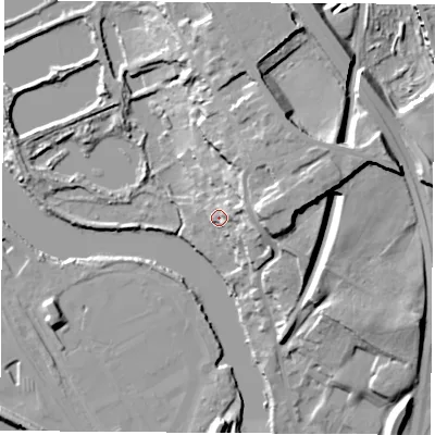 Shaded relief map of the ground around WF119HF, computed from Environment Agency LiDAR. The ground here sits at about 15 m above sea level and falls 21 m across the surrounding 800 m. Surface water reaching this point runs off ground lying to the east-north-east, 15.6 m higher.