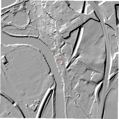 Shaded relief map of the ground around WF119HH, computed from Environment Agency LiDAR. The ground here sits at about 13 m above sea level and falls 22 m across the surrounding 800 m. Surface water reaching this point runs off ground lying to the north, 15.6 m higher.